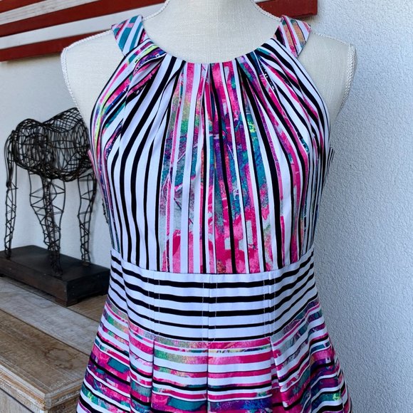 POCKETS Nine West Halter Fit Flare Striped Dress 4 - Picture 5 of 12